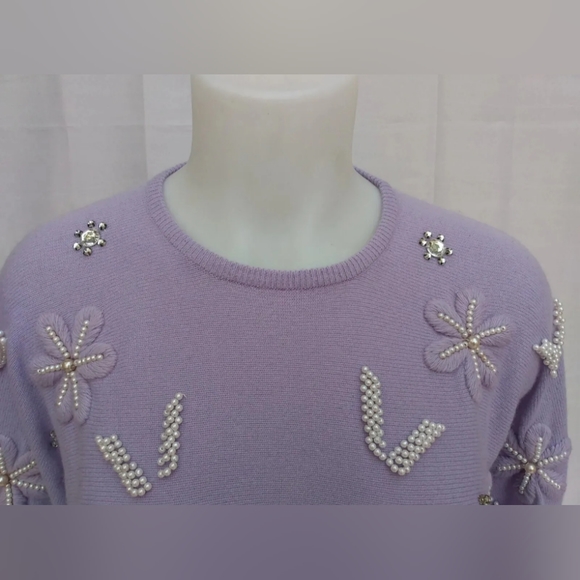 Vintage 80s Women's 100% Cashmere lavender Sweater EMBELLISHED pearl purple - Picture 3 of 9
